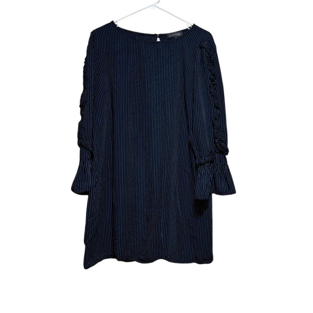 Luxology Tunic Dress Women's Size 12 Blue White Striped 3/4 Sleeve Ruffle Sleeve